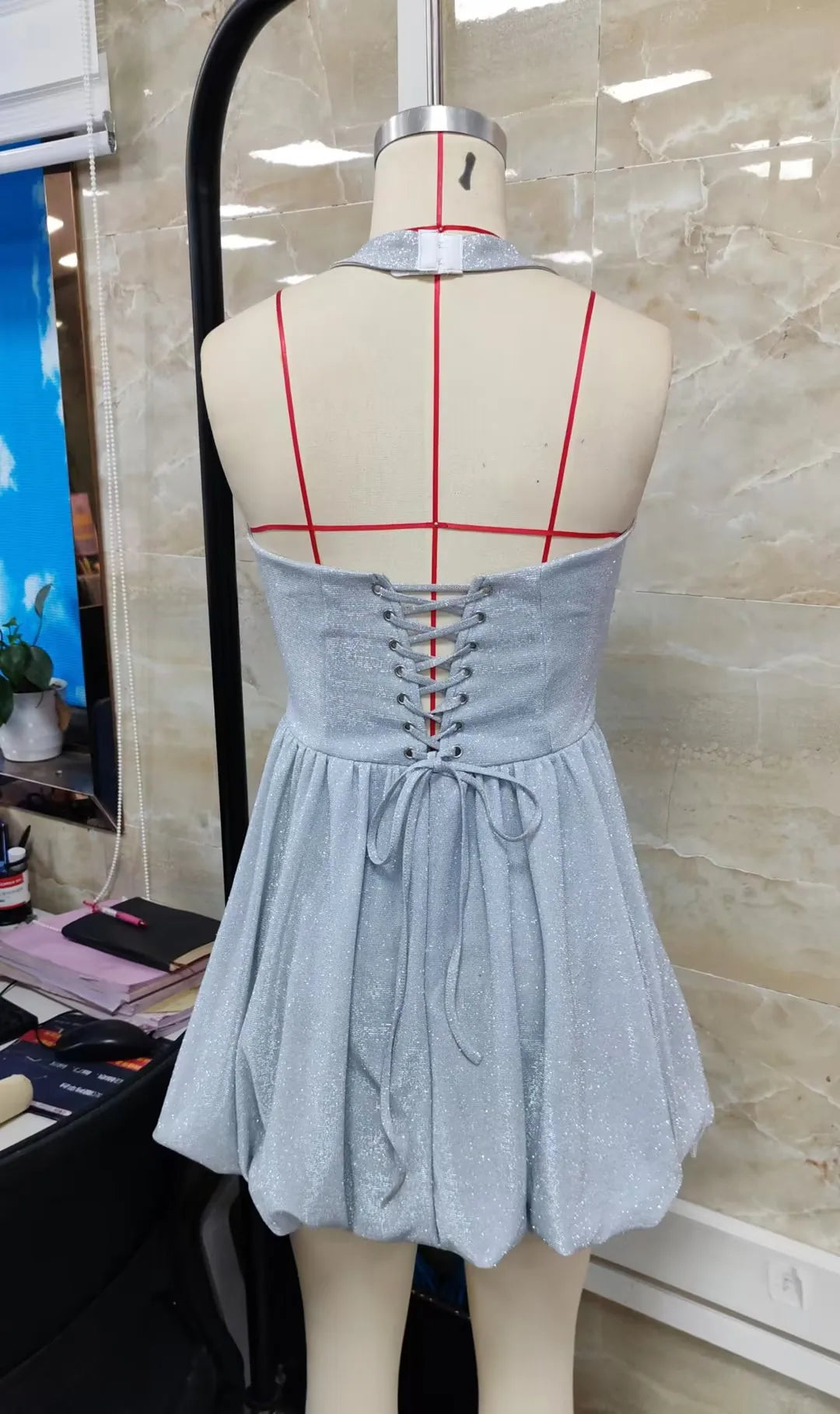 Women's Summer Halter Neck Tulle Mini Dress Glitter Sleeveless Open Back Cross Bandage Puffy Hem Cocktail Dress