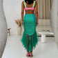 Women Shiny Mermaid Scale Skirt High Waist Bodycon Midi Skirt Asymmetric Tulle Ruffle Hem Mermaid Costume