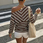 Casuals Striped Print T-Shirt Women Autumn Trend Chic Skew Collar Off-Shoulder Full Sleeve Fashion Street Sporty Tees