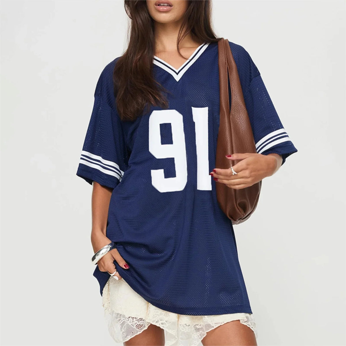 Oversized Jersey Shirts for Women Number Graphic Baggy Tees 90s V Neck Half Sleeve T-Shirts Streetwear Clothes