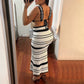 Chic Women 2Pcs Knit Skirt Outfits Stripe Print Crop Tank Tops with High Waist Slim Long Skirt Set Beach Holiday Clothes