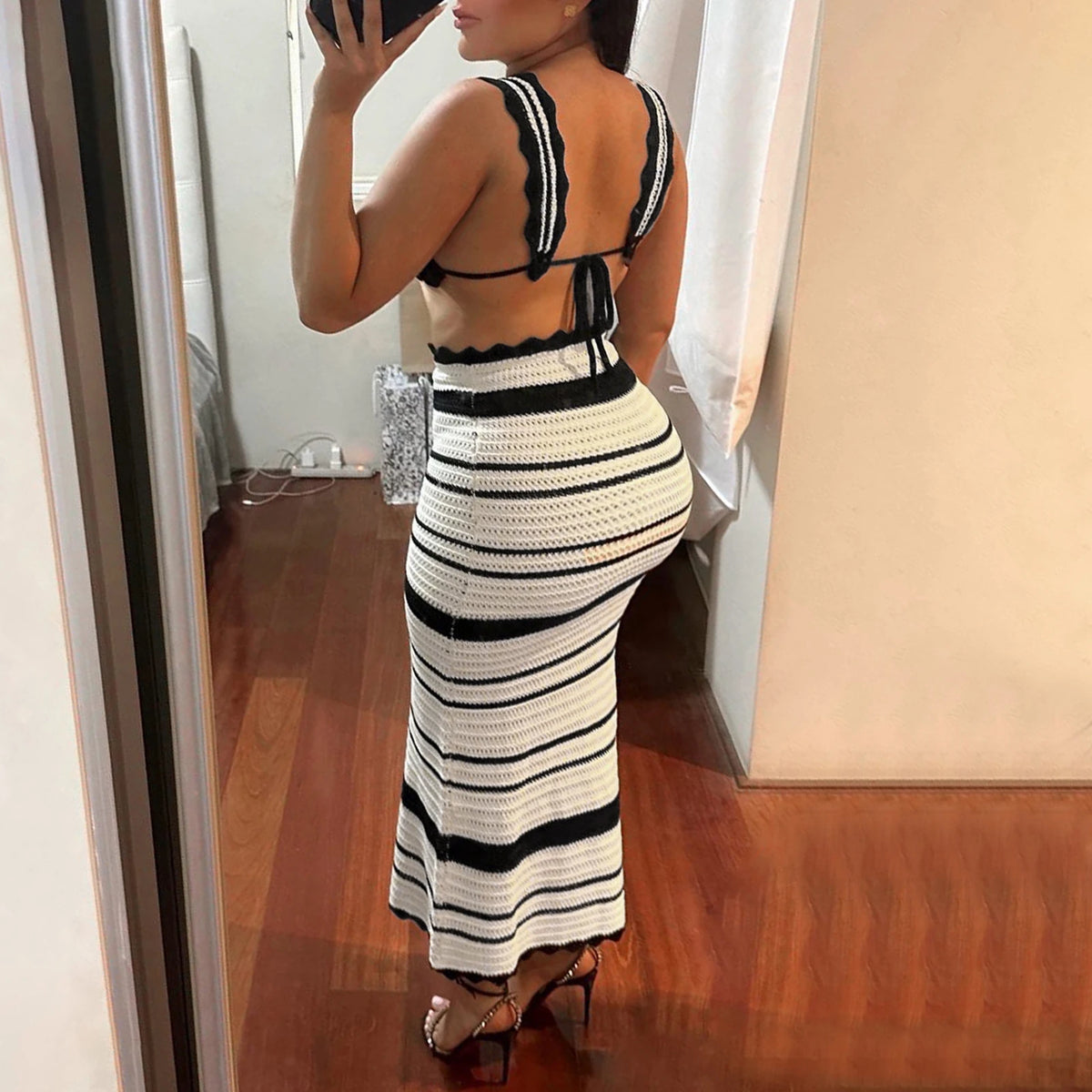 Chic Women 2Pcs Knit Skirt Outfits Stripe Print Crop Tank Tops with High Waist Slim Long Skirt Set Beach Holiday Clothes