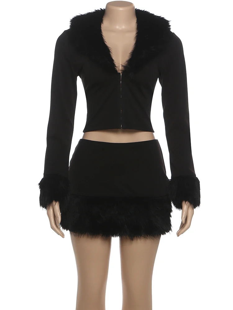Elegant 2 Piece Set Woman Furry Patchwork Autumn Style Hidden Breasted Full Sleeve Crop Tops+Mini Skirts Fashion Suits