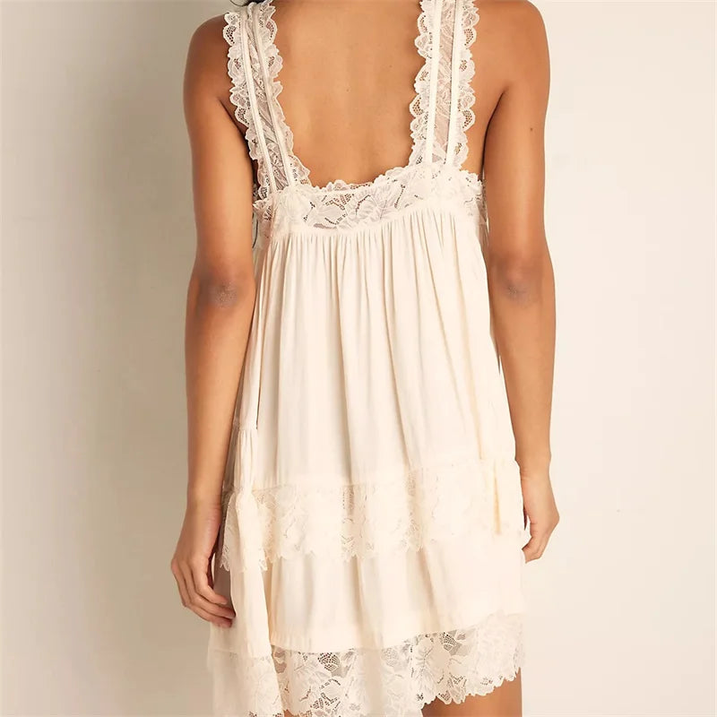 Women Lace Trim Tiered Camisole Slip Dress Loose Flowy Sleeveless Nightgown Bohemian Homewear Sleepwear Mini Dress