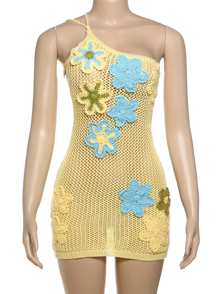 Biased Collar Knit Dress Women Y2K Flowers Backless Sexy Vacation Beach Hollow Vacation Beach Party Slim Mini Bodycon