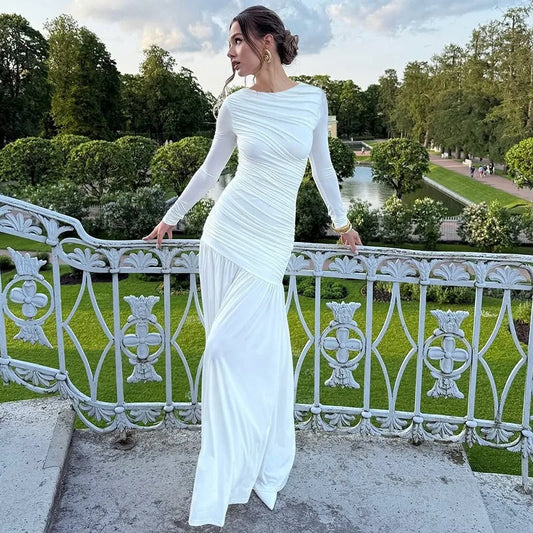 Long Sleeve Ruched Maxi Dress High Quality Elegant White Dresses Woman Fall Clothes