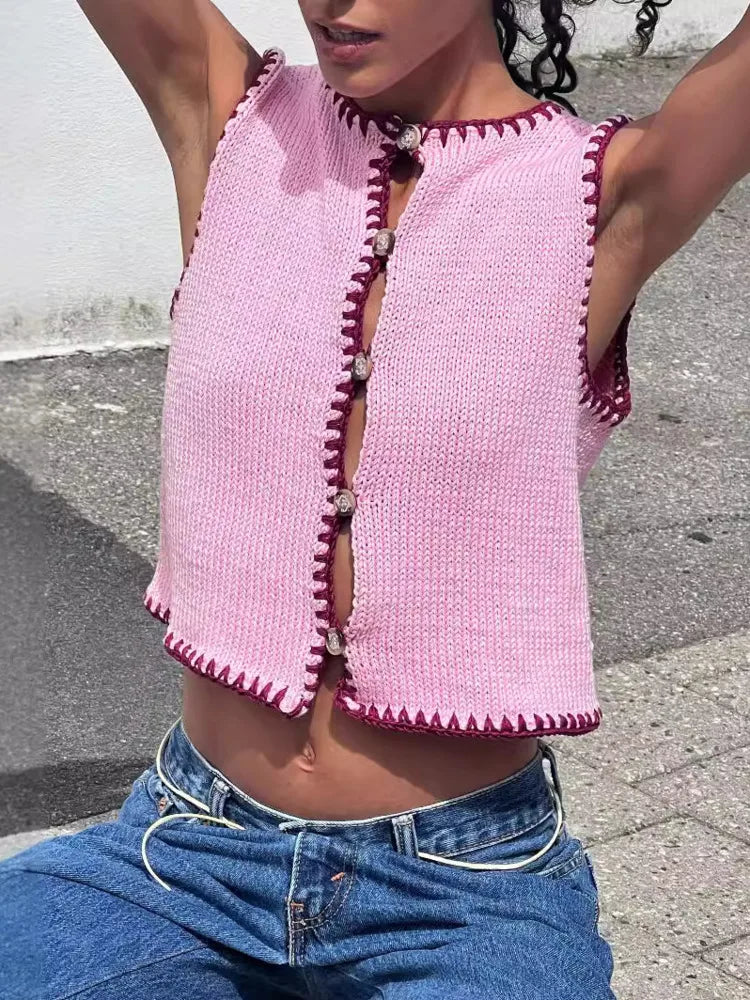 Contrast Color Knit Sweater Vest Women O Neck Single-btrasted Sleeveless Crop Tops Ladies Fashion Knitted Tops Vest