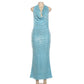 Blue Sequined Glitter Party Dresses for Woman Elegant Cowl Neck Open Back Long Wedding Guest Dress