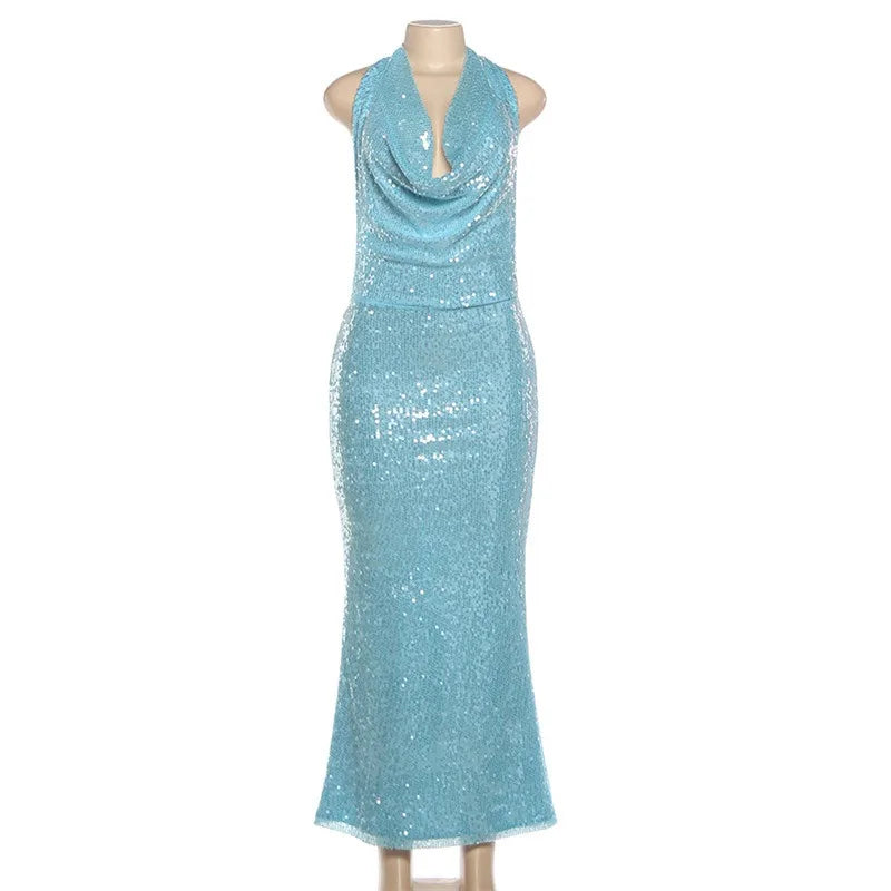 Blue Sequined Glitter Party Dresses for Woman Elegant Cowl Neck Open Back Long Wedding Guest Dress