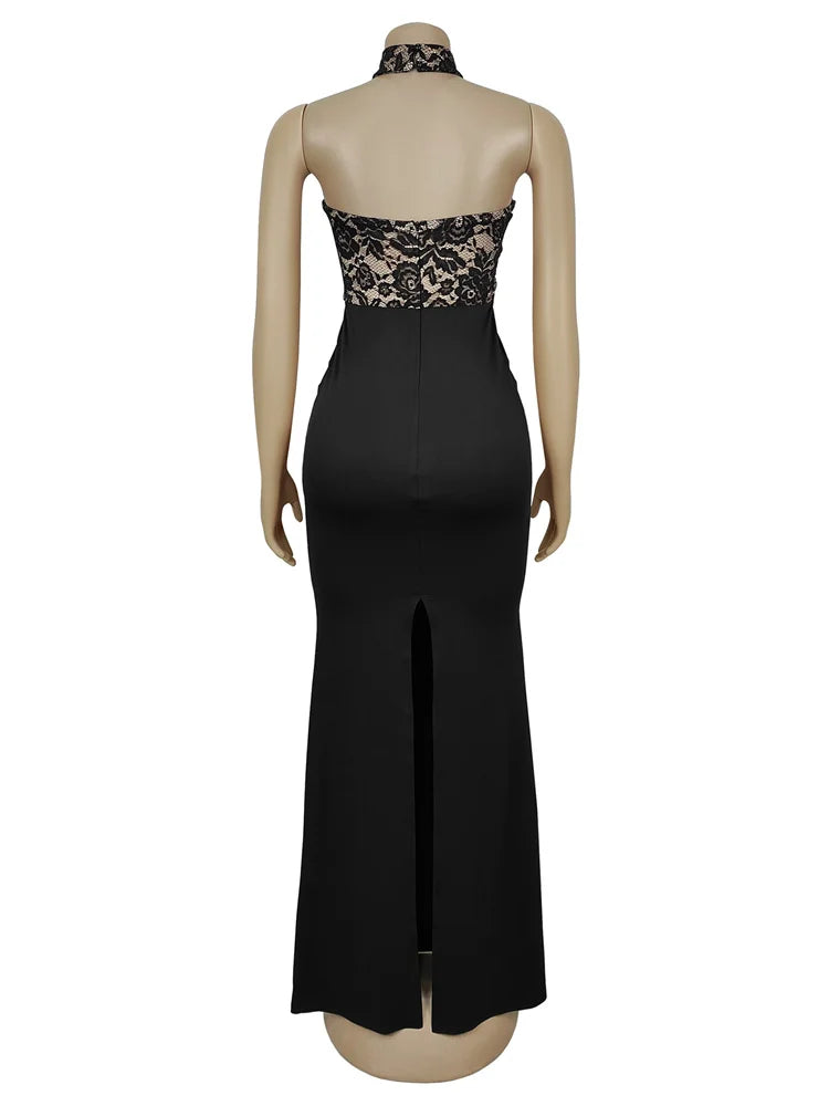 Sexy Halter Split Maxi Dress Women Jacquard Patchwork Backless Zip Elegant Skinny Peach Hip Stretch Evening Bodycon
