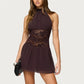 Women Mini Dress Sleeveless Halter Dress Backless Lace Patchwork Summer Party Club Dress Vacation Beachwear