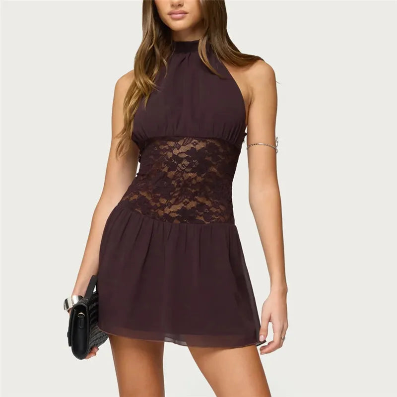 Women Mini Dress Sleeveless Halter Dress Backless Lace Patchwork Summer Party Club Dress Vacation Beachwear