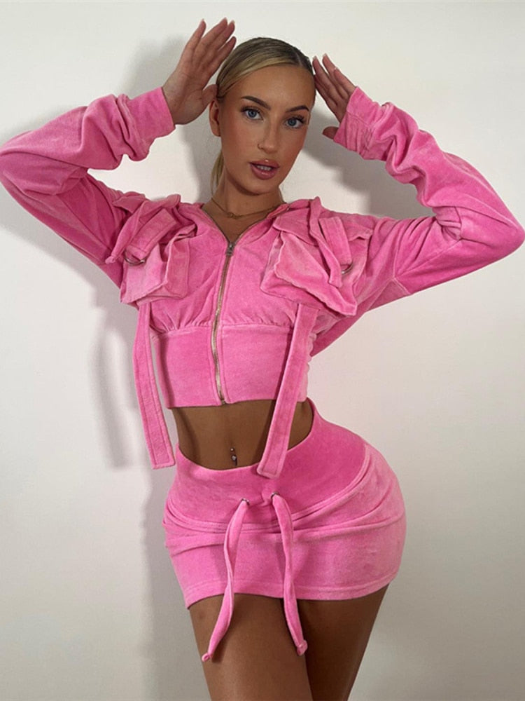 Long Sleeve Two Piece Set for Women Pink Velvet Zip Up Hooded Jacket Mini Skirt Casual Fall Winter Outfits