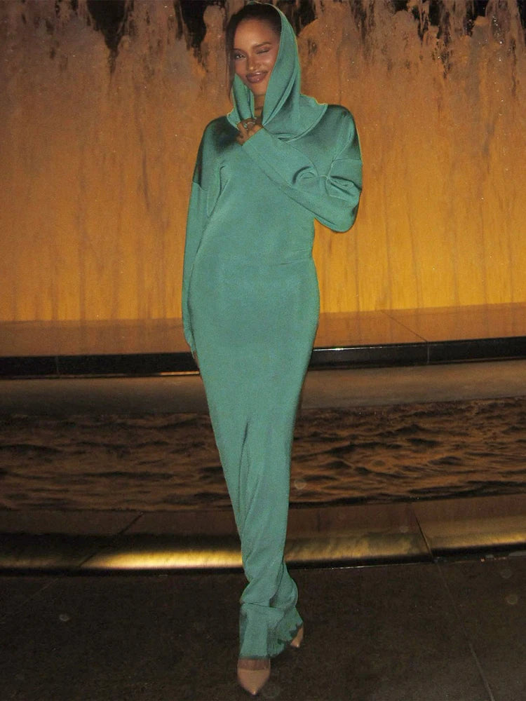 Elegant Sexy Hooded Dress Women Autumn Trend Full Sleeve New Style Simple Solid Christmas Stretch Skinny Maxi Bodycon