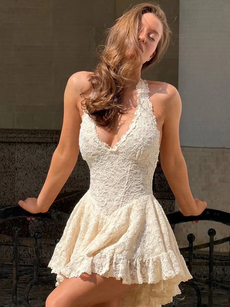 Jacquard Dress Women Halter v-Neck Backless Lace Skinny Folds Sleeveless Elegant Fashion Prom Party Chic Mini Bodycon