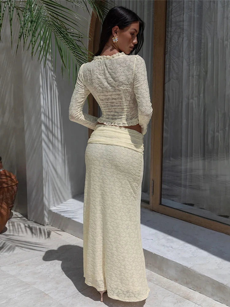 Creamy Color Style 2 Piece Set Women Ruffles Low-Neck Shirring Crop Tops+Ruched Waist Long Skirts Street Elegant Suit