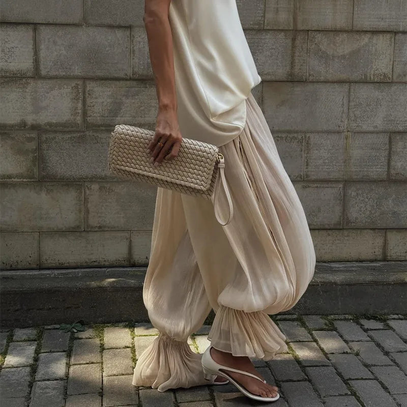 Women Baggy Balloon Pants Bubble Pleated Oversized Bloomers Wide Leg Lantern Harem Bloomer Pants Y2K Streetwear