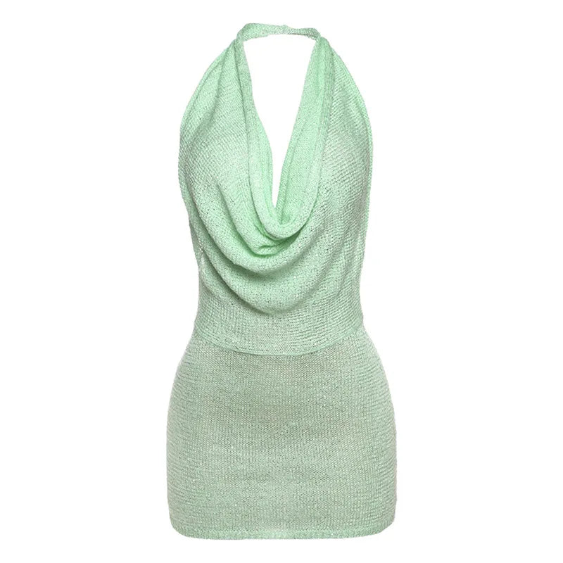 Sexy Knitted Summer Dress Woman 2025 Fake Two-piece Cowl Neck Backless Mini Dresses Resort Wear