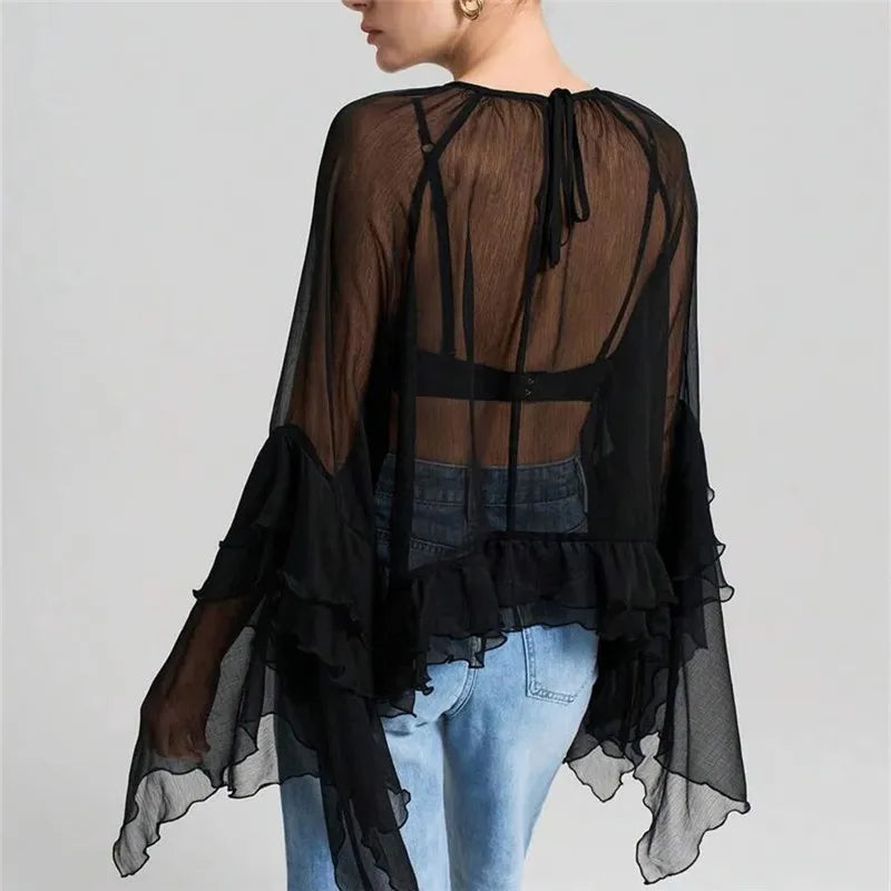 High Street Solid Color Ruffled Long Sleeve Loose Elegant Ladies Tops Shirt Women Sheer Chiffon Blouse Y2K Streetwear