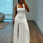 High Split Simple Dresses Women Sexy Halter Ruched Trend Backless Sleeveless Pleated Elegant Party Street Bodycon