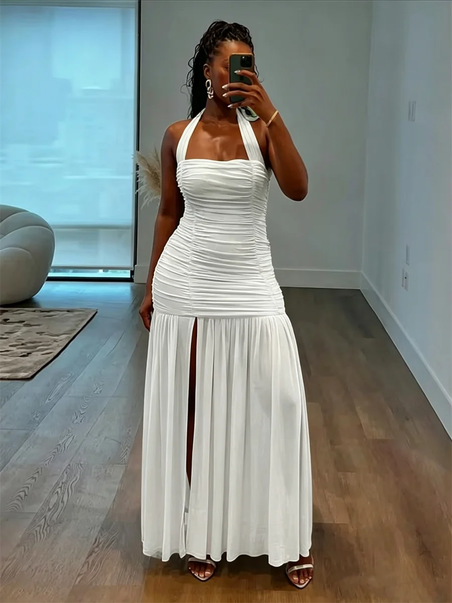 High Split Simple Dresses Women Sexy Halter Ruched Trend Backless Sleeveless Pleated Elegant Party Street Bodycon