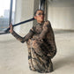 Vintage Printed Mesh Dress See Through Long Sleeve Maxi Dresses for Women Streetwear Y2k Clothing
