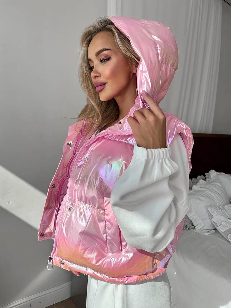 Casual Hooded Zip Crop Tank Tops Women Warm Shirring Hem Metal Buckle Basic Street Quilted Warm Stree Vest Jacket
