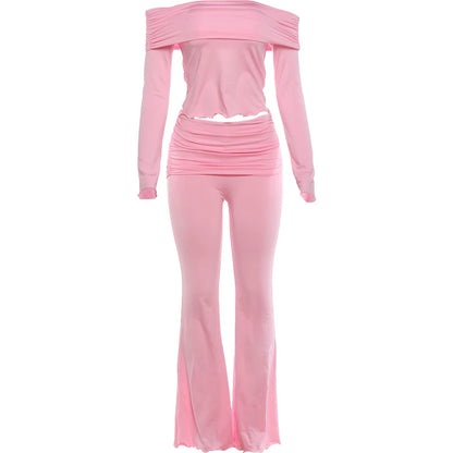 Street 2Piece Set Woman Autumn Slash Neck Backless Crop Tops+Ruched Elastic Waist Long Pants Elegant Casual Fashion Suits