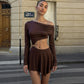 Sexy Hollow Mini Dress Women Skew Collar Off Shoulder Full Sleeve Rings Patchwork Waistless Ruched Elegant Outfits