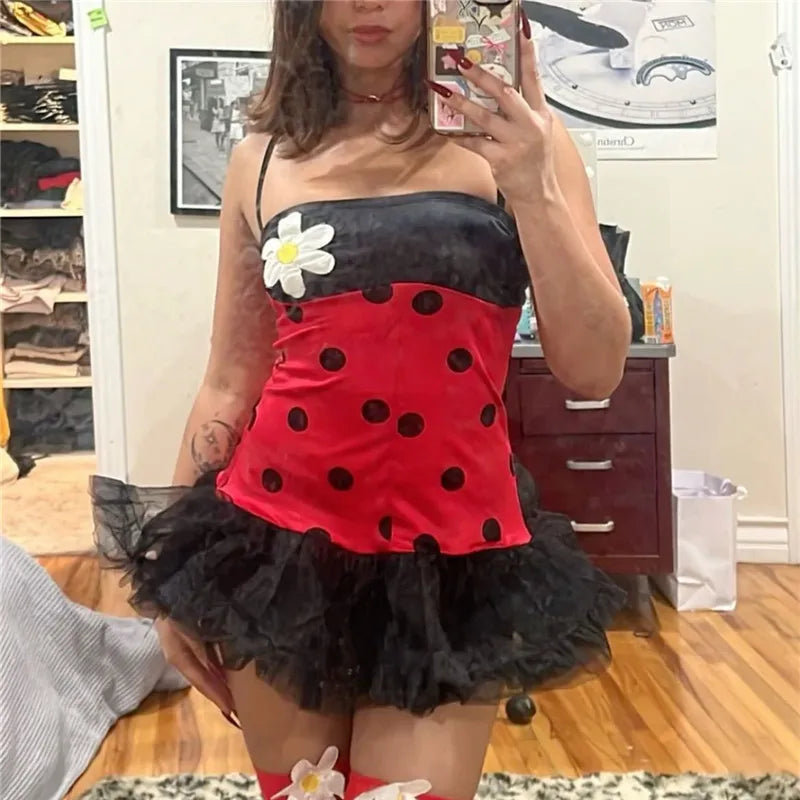 Halloween Bee Costume for Women Ladybug Cosplay Dress with Wings Headband Set Funny Adult Fairy Costumes