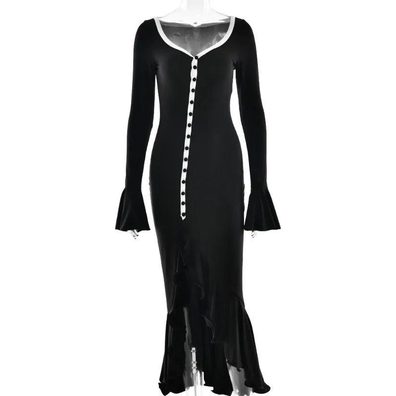Button Up Flare Sleeve Ruffled Split Long Dresses Pink White Black Sexy Fall Dresses Woman Elegant