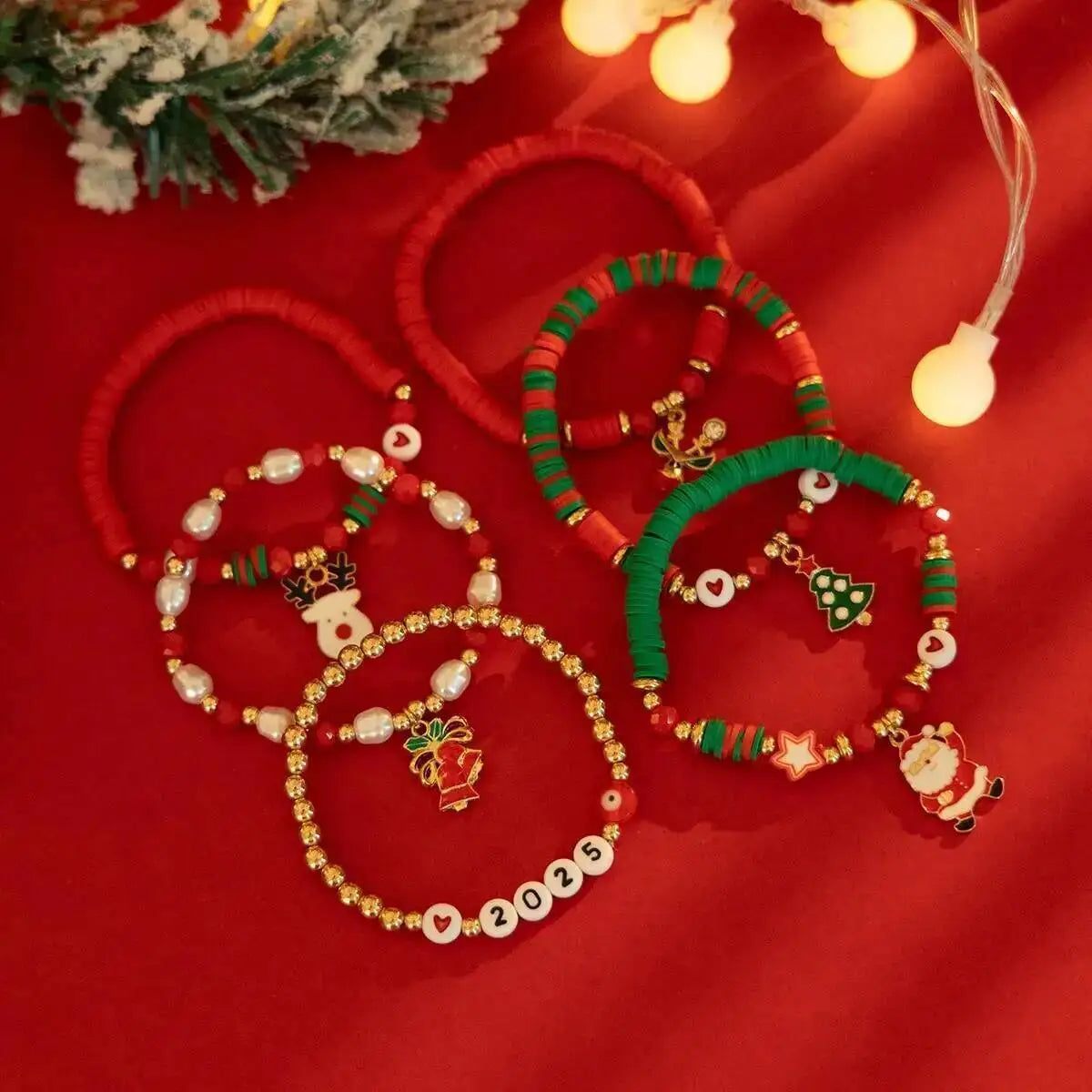 6 Pcs/set Cute Christmas Series Santa Claus Snowflake Tree Pendant Bracelet Women New Year Bangles Xmas Jewelry Gift