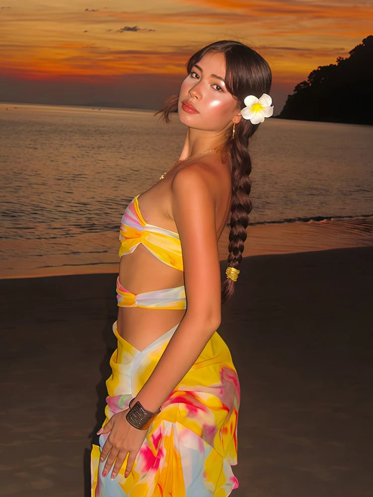 Colorful Print Strapless Dress Women Thin Irregular Multilayer Mesh Side Knot Hollow Beach Vacation Club Mini Bodycon