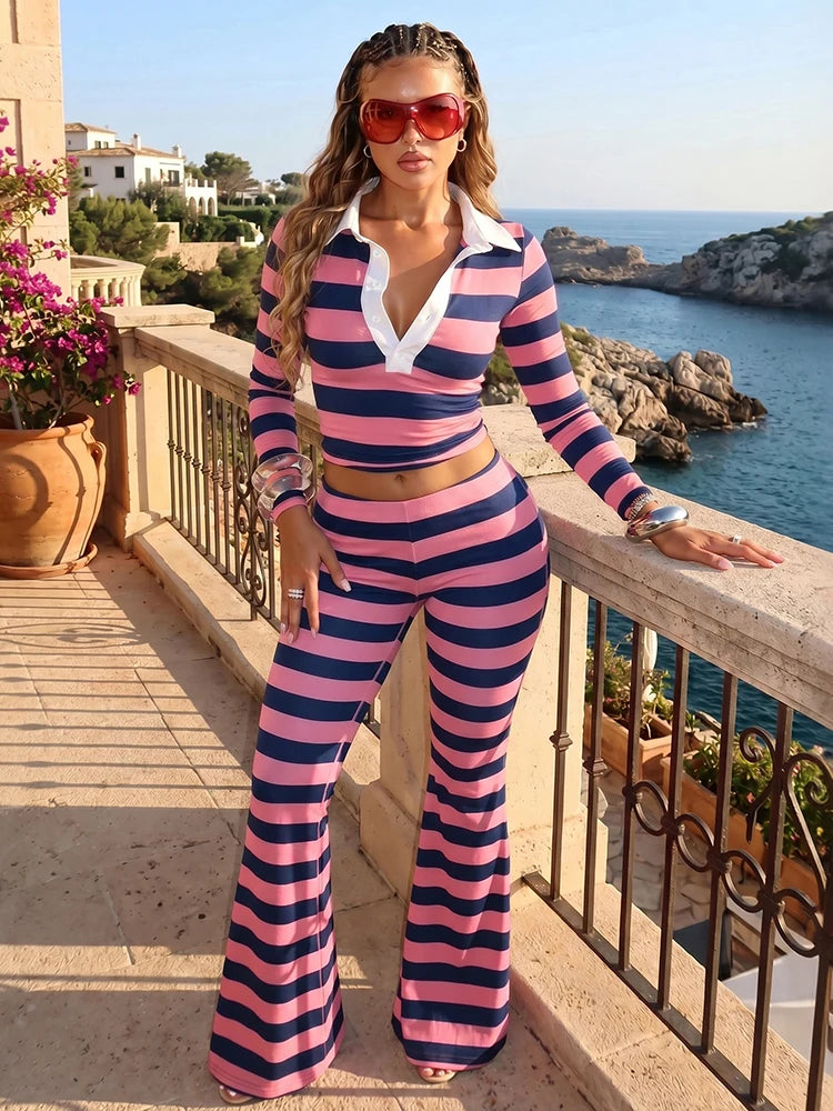 Sporty Striped 2Piece Set Women Lapel Single-Breasted Full Sleeve Crop Top+Elastic Waist Slightly Flared Pant Street Suit