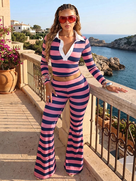 Sporty Striped 2Piece Set Women Lapel Single-Breasted Full Sleeve Crop Top+Elastic Waist Slightly Flared Pant Street Suit