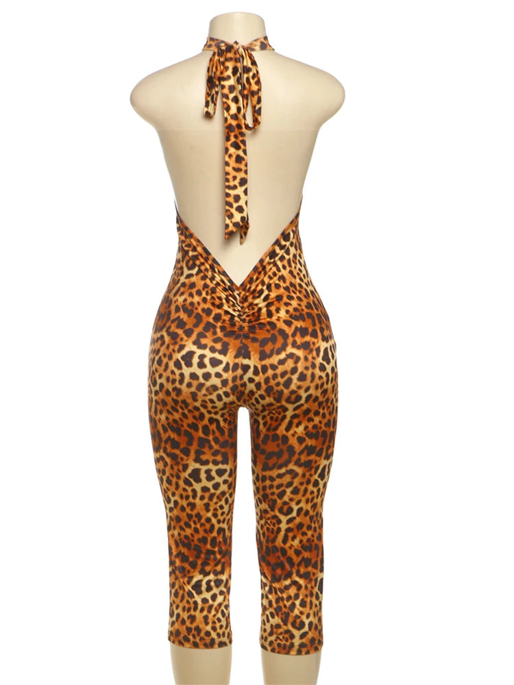 Backless Romper Women Halter Bandage Leopard Print Fit Tight Stretch Summer Sexy Hipster Activity Workout Playsuits
