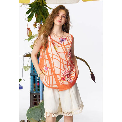 Women's Grid Fruit Cake Print Sleeveless Cami Top, Asymmetrical Hem Loose Chiffon Tank for Daily