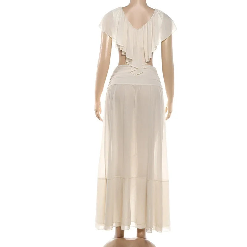 2 Piece Sets Transparent Chiffon Ruffle Long Skirt and Top Matching Sets Elegant Holiday Outfits Woman