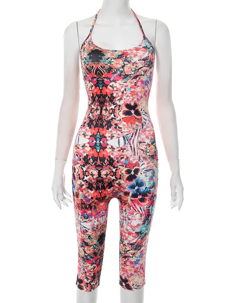 Colorful Print Jumpsuits Women Halter Low-Neck Backless Sleeveless Skinny Stretch Wrap Hip Midnight Hiptser Rompers