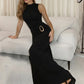Turtleneck Sleeveless Sexy Maxi Dress Women Gown Elegant Black Metal Buckle Ruched Bodycon Club Party Long Dresses