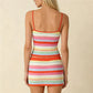 Womens Rainbow Stripe Ribbed Knit 2 Piece Outfit Spaghetti Strap Crop Top+Mini Skirt Set Bodycon Summer CasualStreetwear