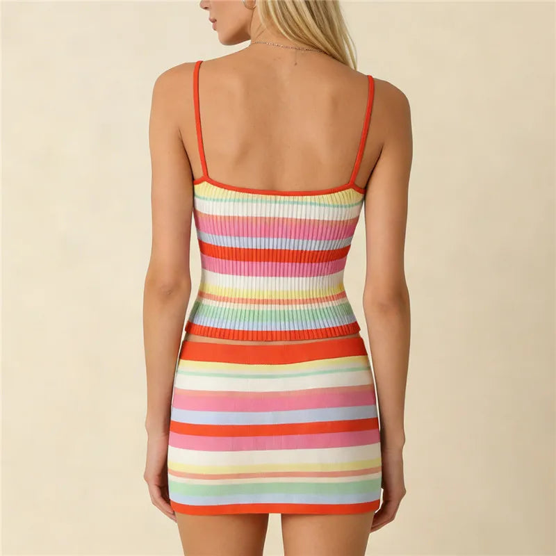 Womens Rainbow Stripe Ribbed Knit 2 Piece Outfit Spaghetti Strap Crop Top+Mini Skirt Set Bodycon Summer CasualStreetwear
