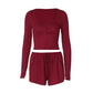 Women 2 Piece Set Outfit Comfy Button Front Long Sleeve Crop Top and Shorts Matching Sets Lounge Wear