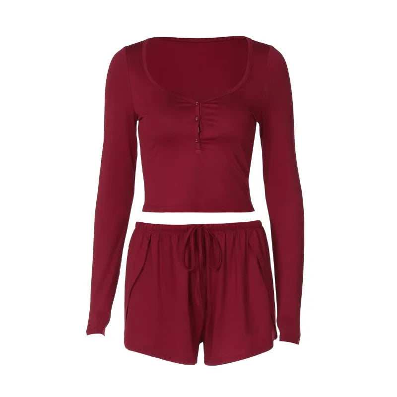 Women 2 Piece Set Outfit Comfy Button Front Long Sleeve Crop Top and Shorts Matching Sets Lounge Wear