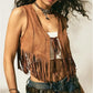 Women Retro Western Fringe Crop Vest Sleeveless Faux Suede V Neck Tie Front Tassel Waistcoat Festival Casual Outerwear