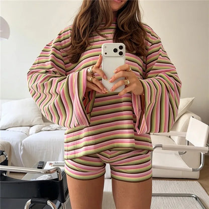 Y2K Striped 2 Piece Set Women Oversized Long Sleeve Crop Top Low Rise Shorts Spring Fall Casual Loungewear Pajama Set
