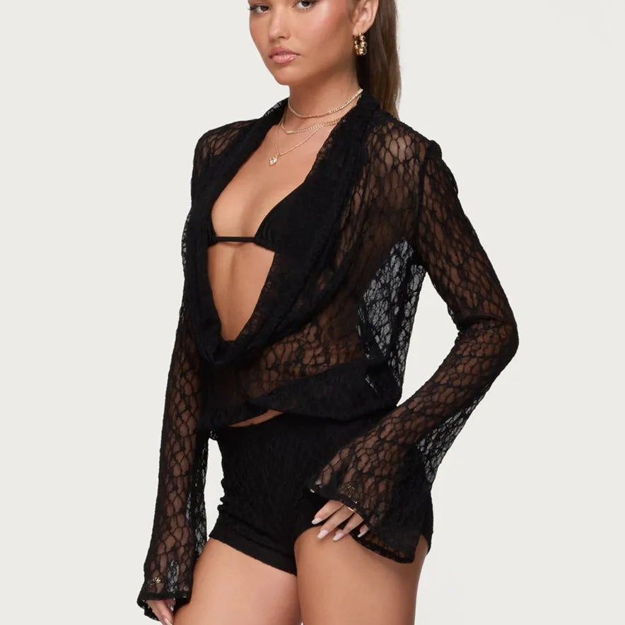 Sexy Women Lace Tops with Bra 2 Piece Set See Through Long Flare Sleeve Low Cut Tops and Bra Outfit Party Clubwear