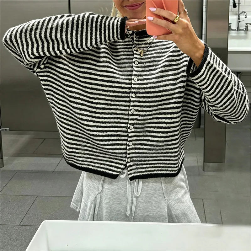 Womens Fuzzy Striped Knit Cardigan Round Neck Button Front Long Sleeve Loose Casual Sweater Jacket Winter Fall Outerwear
