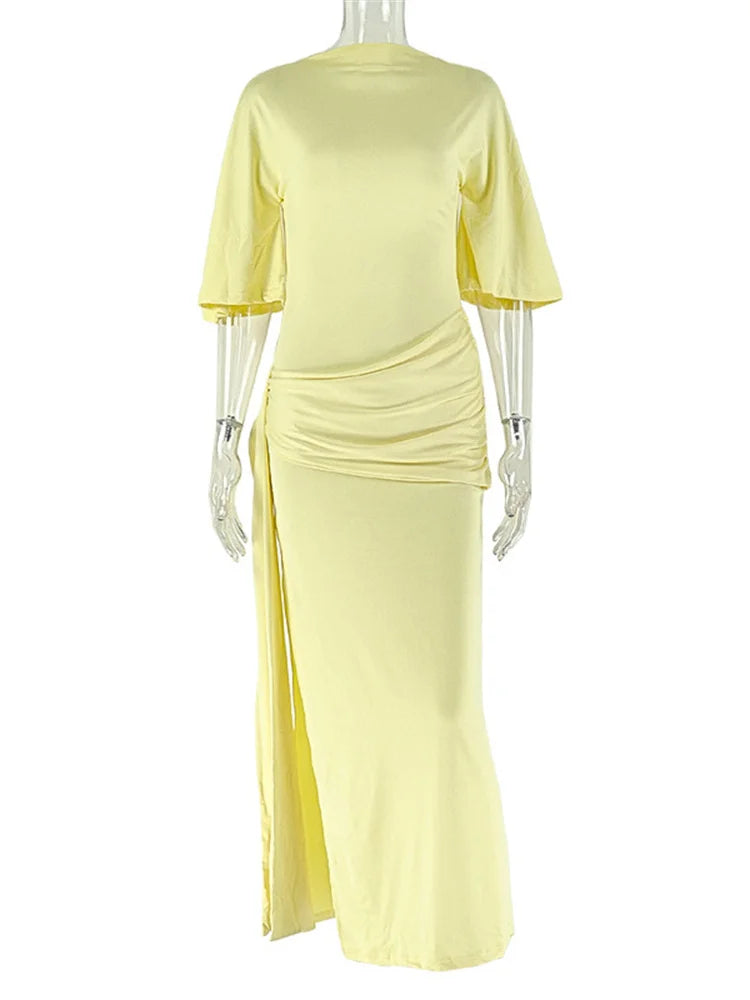 Elegant Dress Women Sexy Split Y2K Belt Ribbon Patchwork Backless Short Sleeve Classic Evening Birthday Party Bodycon