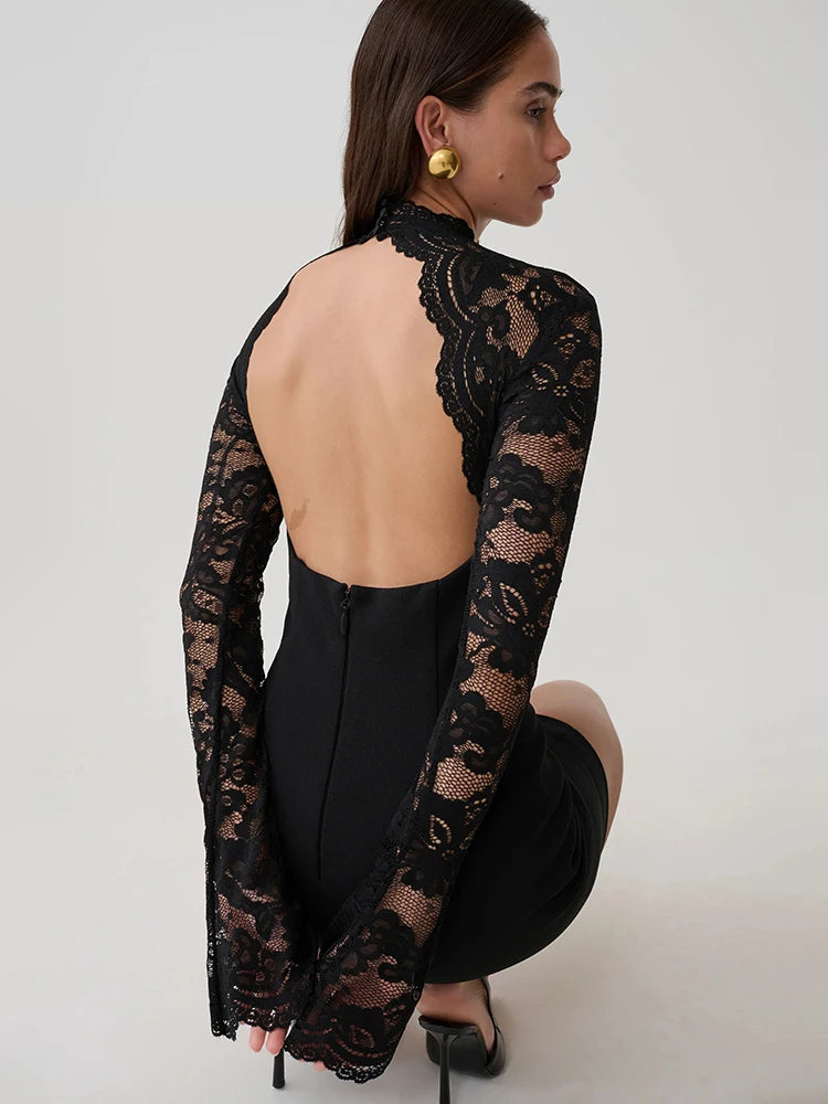 Women Elegant Lace Patchwork Sexy Mini Dress Fashion High Neck Long Flare Sleeve Backless Bodycon Club Party Dresses
